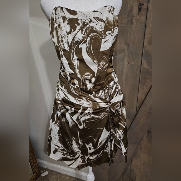 EMORY PARK Olive swirl BUSTIER MINIDRESS WITH WAIST TIE. Size Med NWT - Picture 14 of 16
